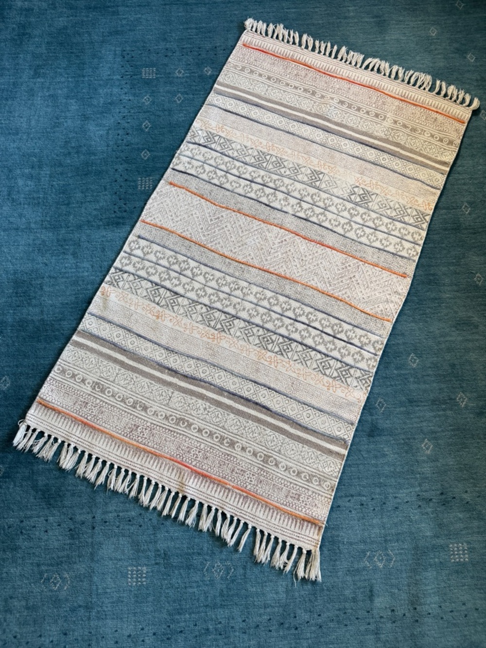 Handwoven Striped Cotton Accent Rug - Neutral Tones with Orange & Blue